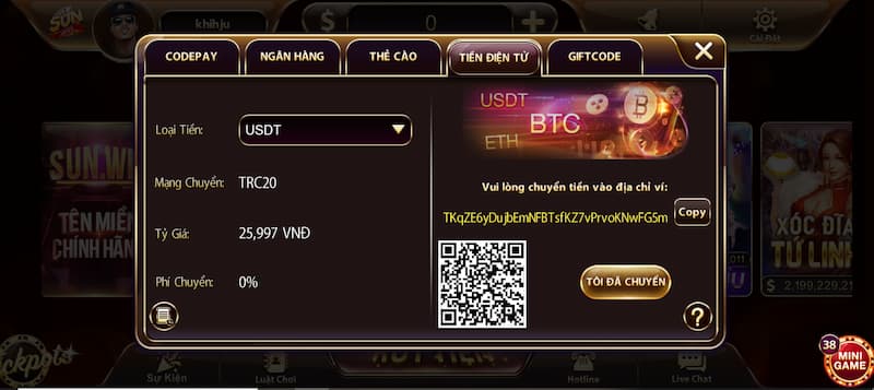 sao chép địa chỉ ví được cổng game 